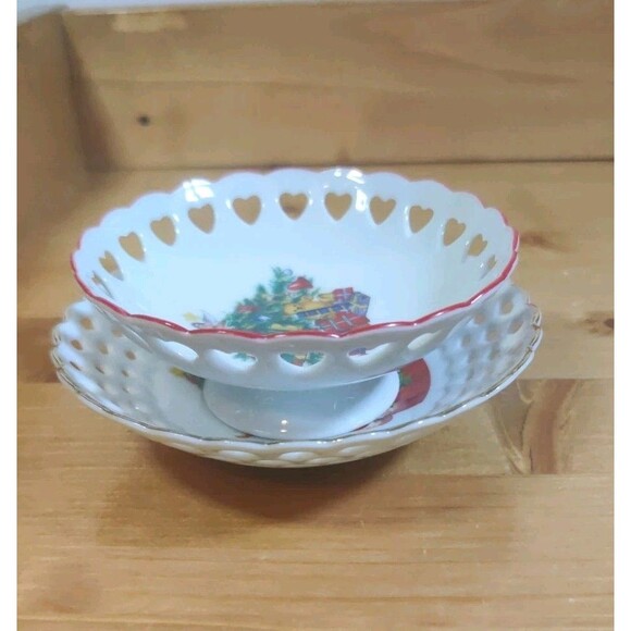 Lot Of 2 Vtg REUTTER PORCELAIN Christmas Santa HOLIDAY BOWL W/ PIERCED RIM - Picture 9 of 9